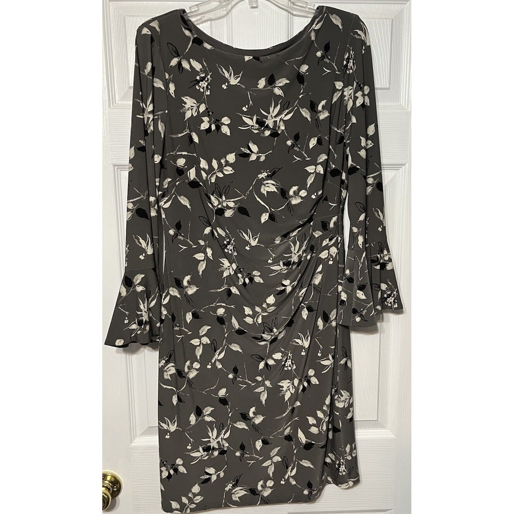 Lauren Ralph Lauren Gray Floral Ruffled Long Sleeve Pencil Dress Ruched Waist 14